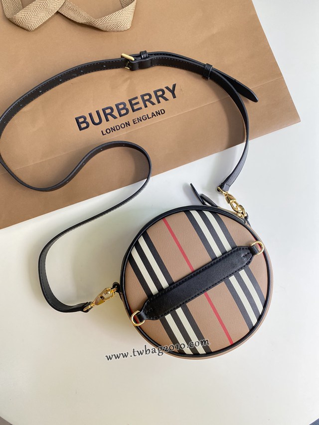Burberry專門店新款圓餅包 巴寶莉棉質帆布拼皮革圓形斜挎包 yxb1473